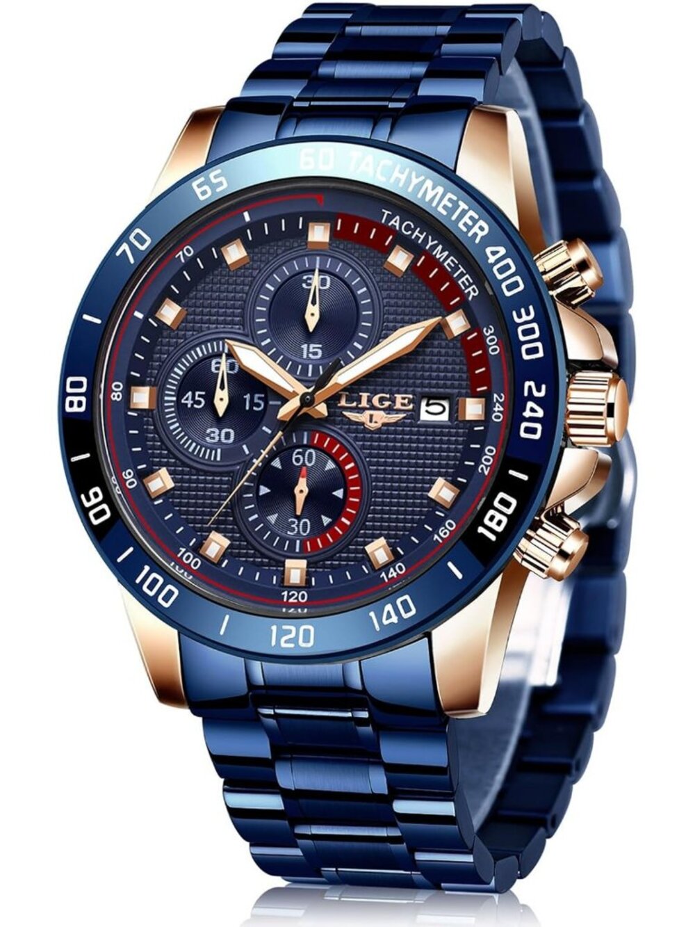 Men's Gold Blue Stainless Steel Case 3ATM Analog Chronograph Casual Wrist Watch